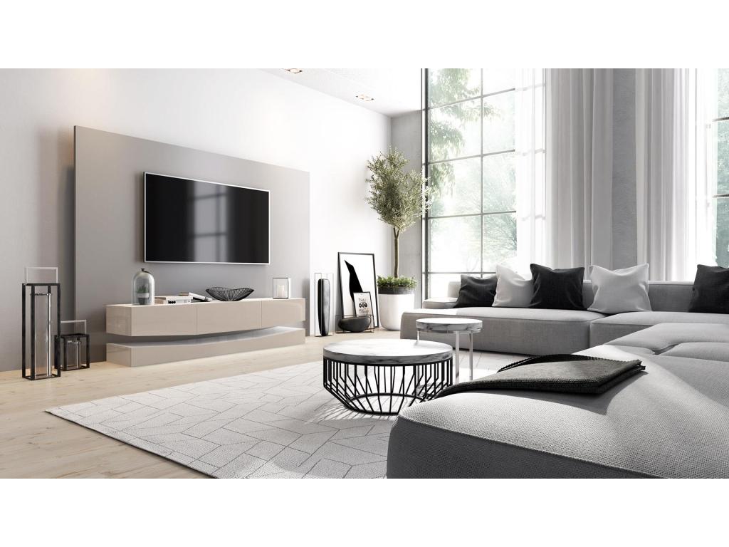 TV stand with base, white and high-gloss sand grey, 178 x variable x 39 cm