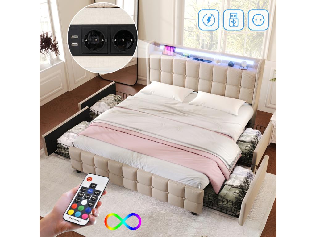160x200cm bed with drawers, upholstered double bed with storage and LED lighting, beige