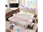 160x200cm bed with drawers, upholstered double bed with storage and LED lighting, beige