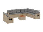 11-piece garden furniture set and cushions, beige woven resin.