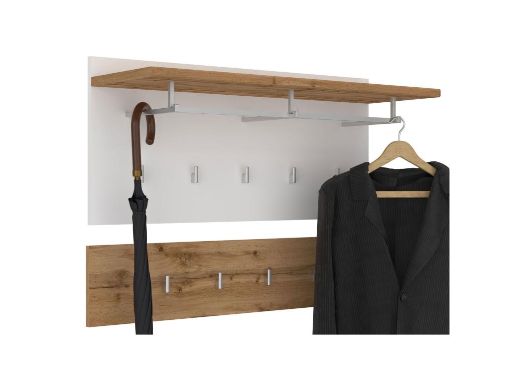 Wall-mounted coat rack with 9 Meubiana shelves, 1 Meubiana hanging rail, and 1 storage shelf in oak and white melamine.