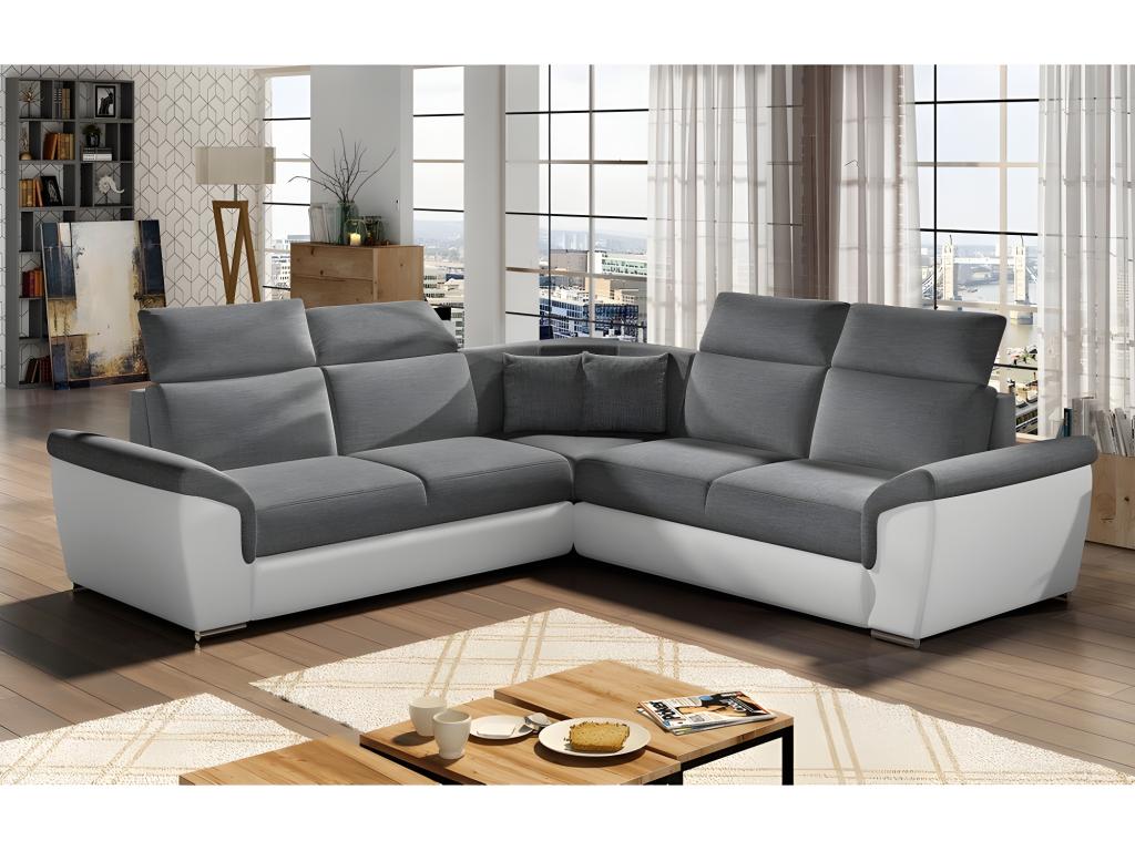Corner sofa bed - Meublori - in grey fabric and white faux leather, 5/6 seater