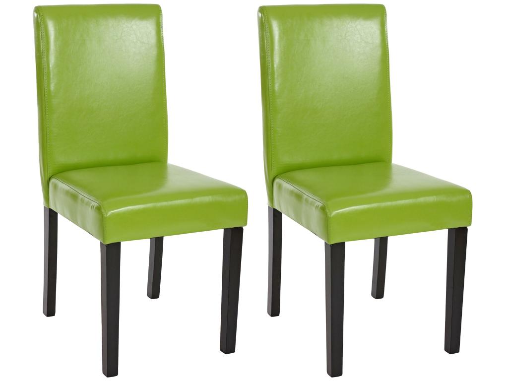 Set of 2 Meublori dining chairs in green faux leather with dark legs