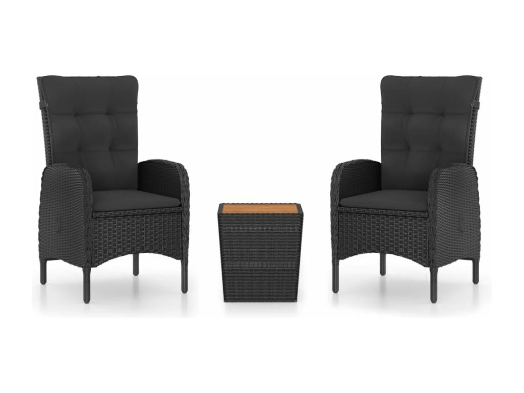 3-piece garden furniture set in black rattan and wood