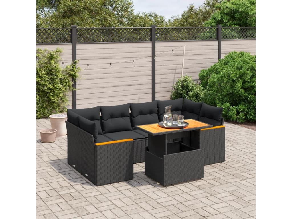 7-piece garden furniture set with cushions, black woven resin