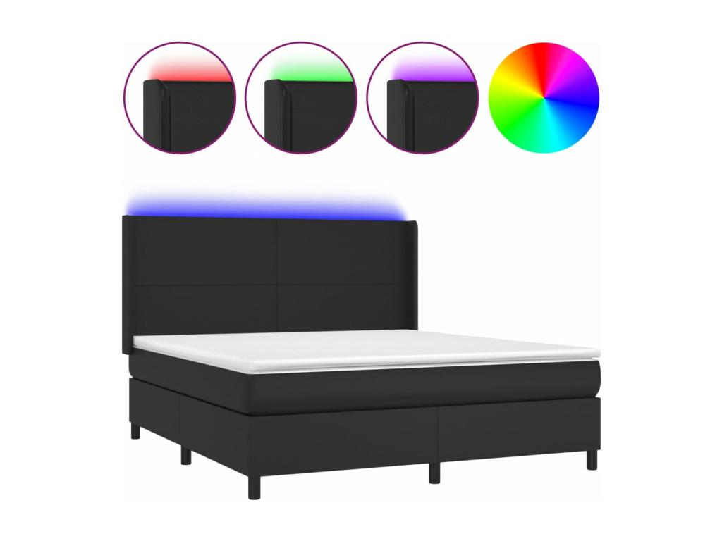 Upholstered bed base with mattress and LED lighting, black, 180x200cm, faux leather