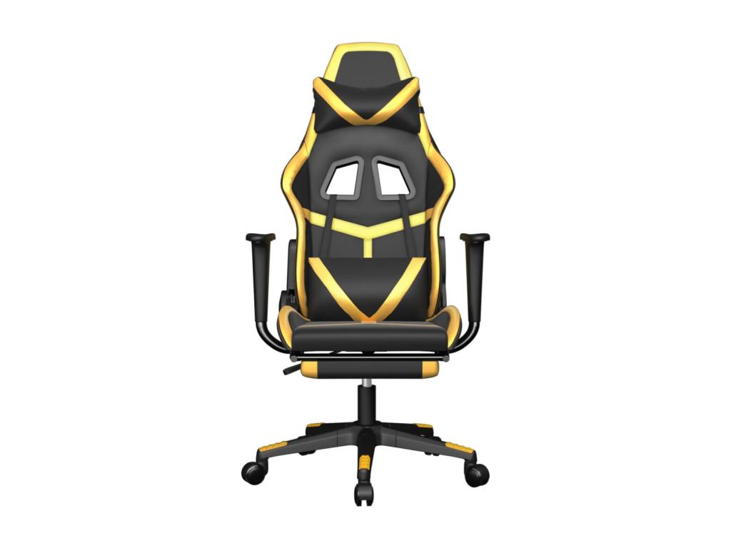 Massage gaming chair with footrest, black/gold faux leather