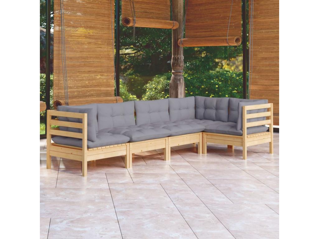 5-piece garden furniture set with grey pine wood cushions