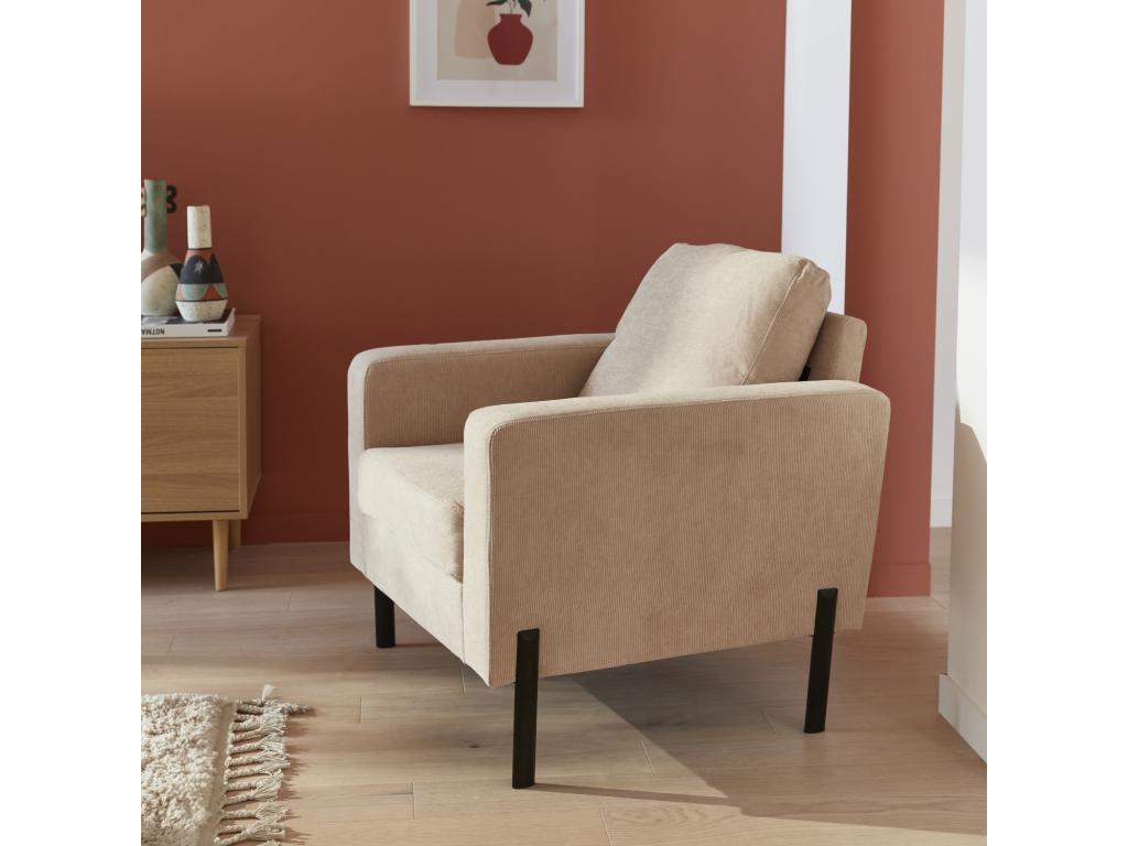 Beige corduroy armchair - Meublori - Fixed 1-seater sofa with metal legs
