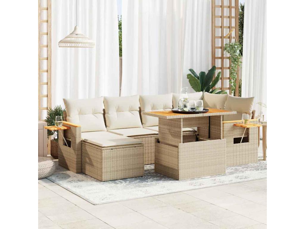 7-piece beige resin wicker garden furniture set with cushions by Meublori