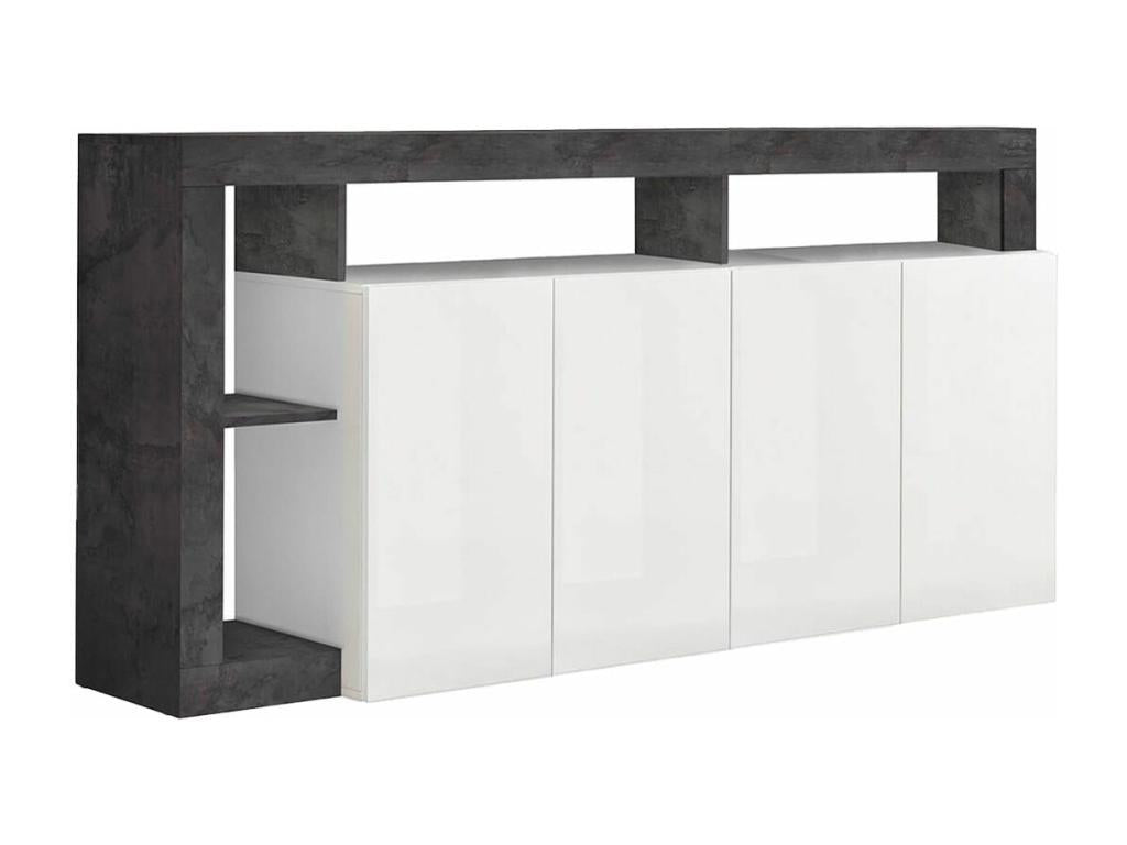 Meublori - 4-Door White Lacquered Buffet with Grey-Effect Niches and Frame