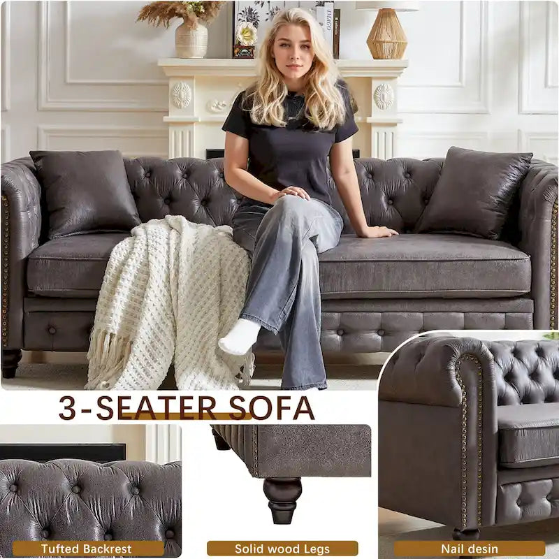 Chesterfield 85.5 Tech Fabric 3-seater Sofa with Cushions