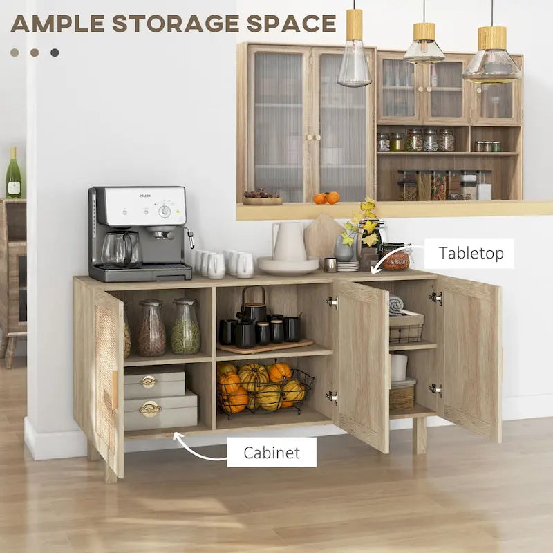 Sideboard Buffet Cabinet, Kitchen Cabinet, Coffee Bar Cabinet with 3 Rattan Doors and Adjustable Shelves, Natural Mixed