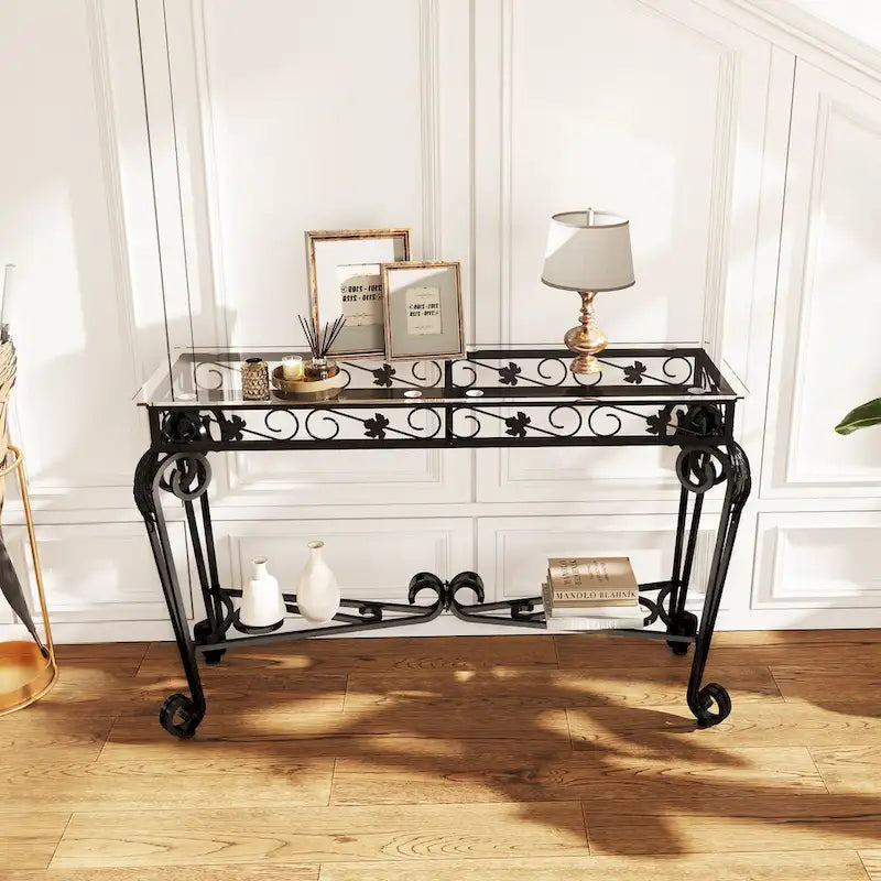 Modern Glass and Metal Console Table for Entryway with Storage and Easy Assembly