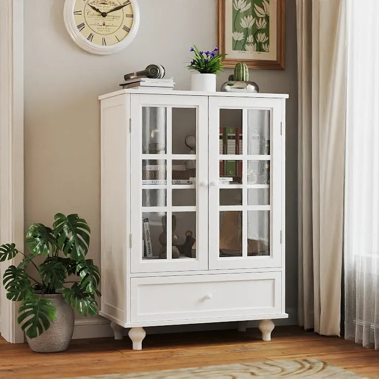 Minimalist Buffet Cabinet with Double Glass Doors and Drawer, Wooden Storage Sideboard Cupboard for Living room, Hallway