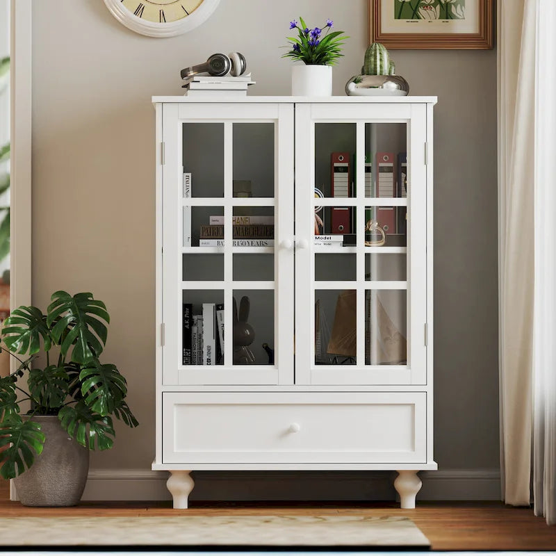 Minimalist Buffet Cabinet with Double Glass Doors and Drawer, Wooden Storage Sideboard Cupboard for Living room, Hallway