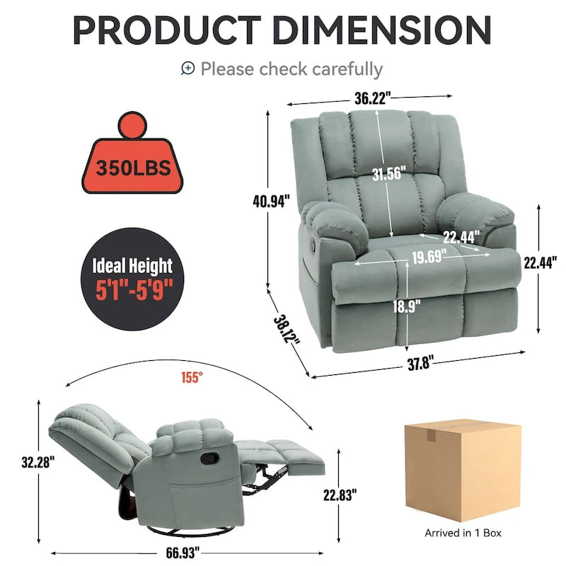 Manual Recliner Chair with Rocker and Swivel in Fabric for Living Room