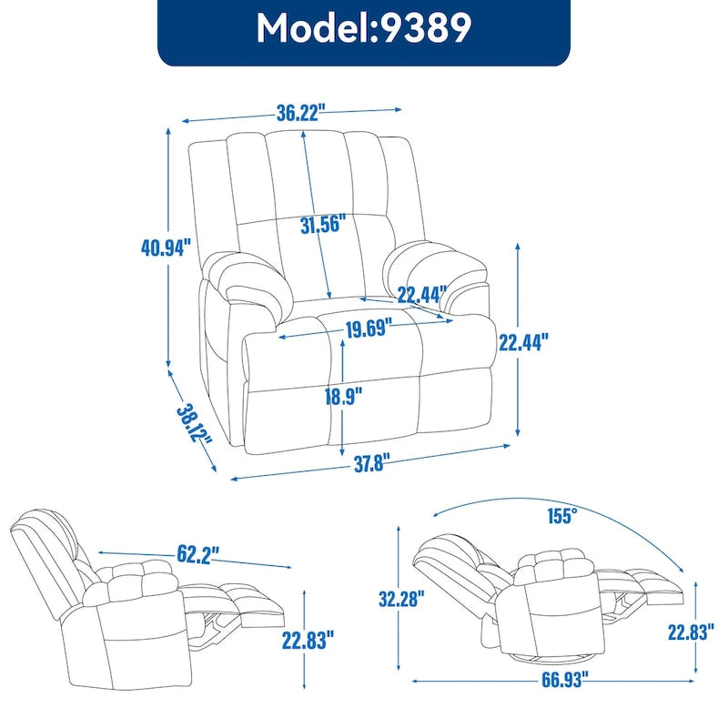 Manual Recliner Chair with Rocker and Swivel in Fabric for Living Room
