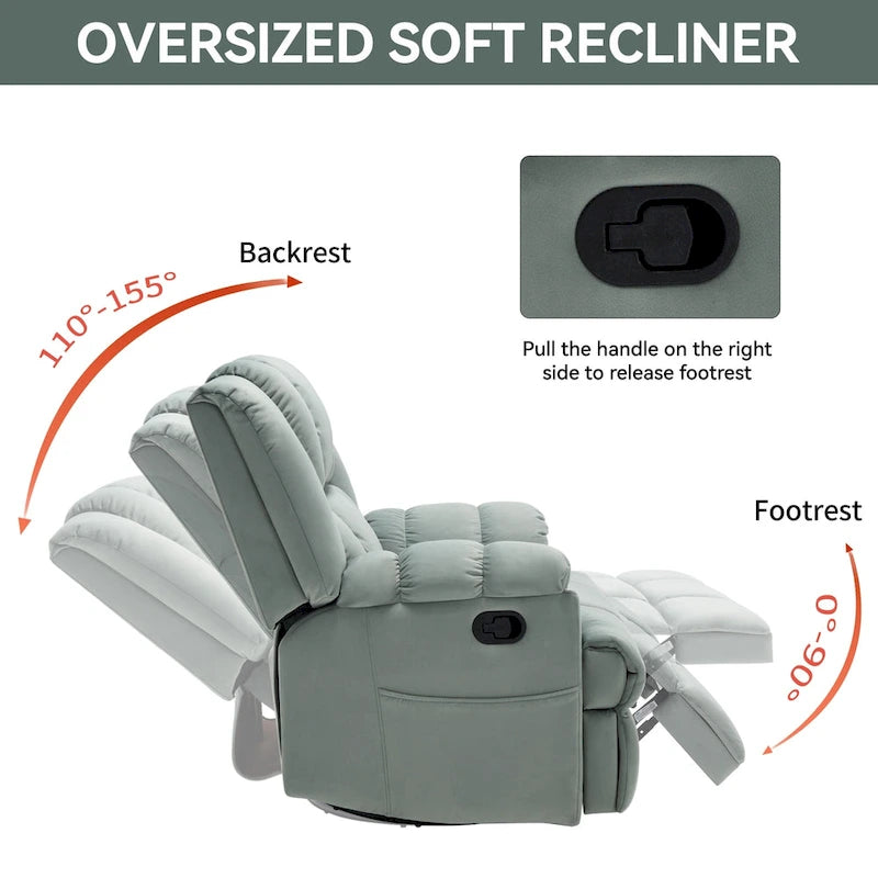 Manual Recliner Chair with Rocker and Swivel in Fabric for Living Room