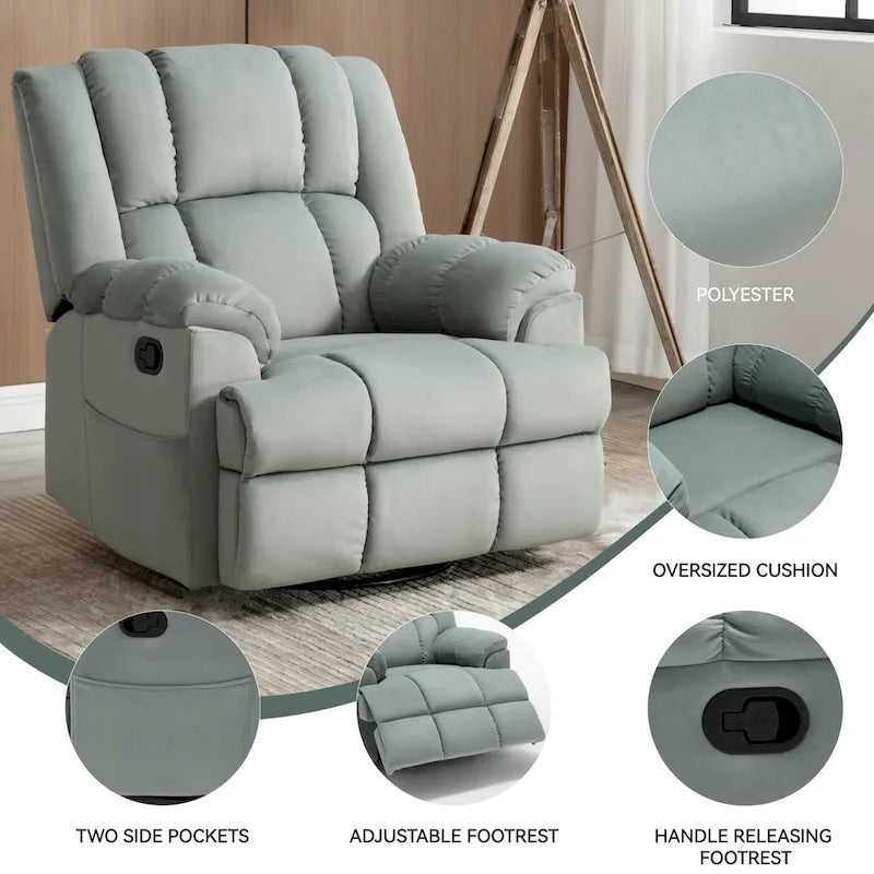 Manual Recliner Chair with Rocker and Swivel in Fabric for Living Room