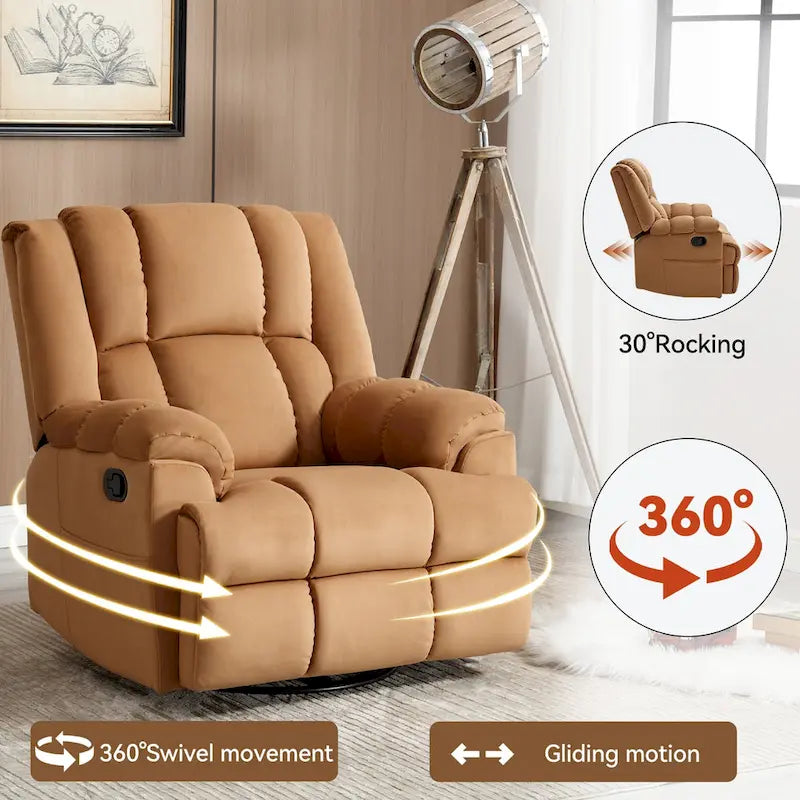Manual Recliner Chair with Rocker and Swivel in Fabric for Living Room