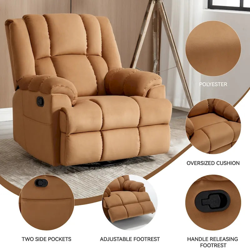 Manual Recliner Chair with Rocker and Swivel in Fabric for Living Room