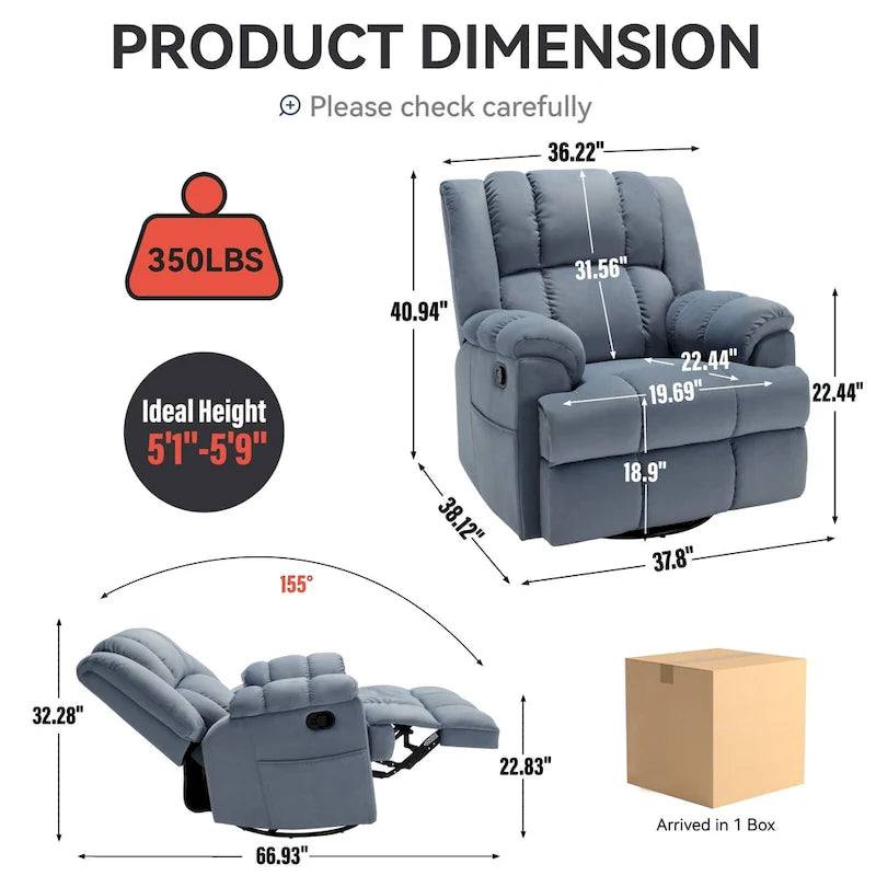 Manual Recliner Chair with Rocker and Swivel in Fabric for Living Room