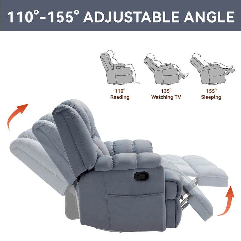 Manual Recliner Chair with Rocker and Swivel in Fabric for Living Room