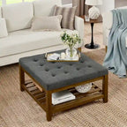 Upholstered Coffee Table Tufted Linen Large Square Ottoman with Beech Wood Shelf and Frame,Oversized Footrest Ottoman