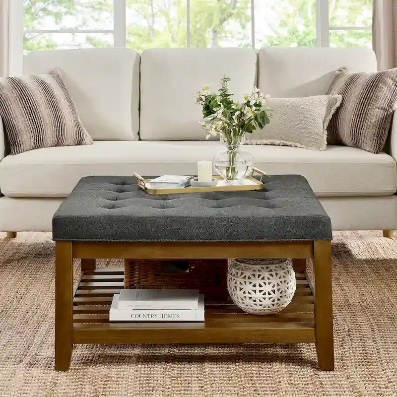 Upholstered Coffee Table Tufted Linen Large Square Ottoman with Beech Wood Shelf and Frame,Oversized Footrest Ottoman