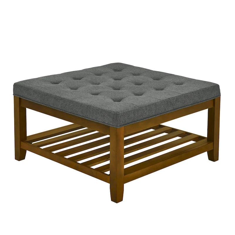 Upholstered Coffee Table Tufted Linen Large Square Ottoman with Beech Wood Shelf and Frame,Oversized Footrest Ottoman