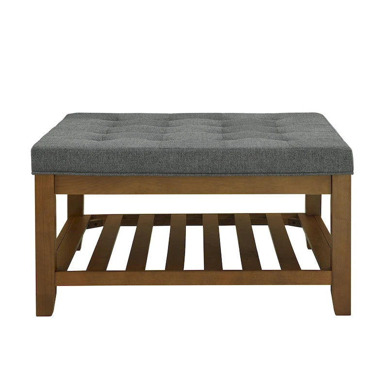 Upholstered Coffee Table Tufted Linen Large Square Ottoman with Beech Wood Shelf and Frame,Oversized Footrest Ottoman