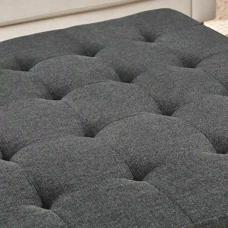 Upholstered Coffee Table Tufted Linen Large Square Ottoman with Beech Wood Shelf and Frame,Oversized Footrest Ottoman