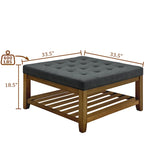 Upholstered Coffee Table Tufted Linen Large Square Ottoman with Beech Wood Shelf and Frame,Oversized Footrest Ottoman