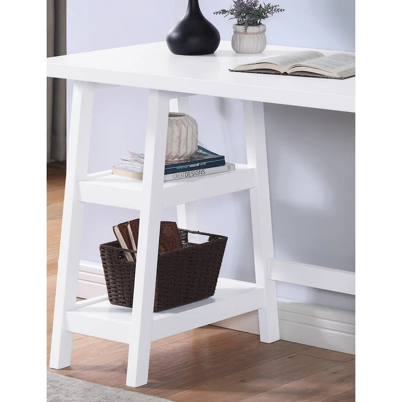 Modern Writing Computer Table Desk with Open Storage Shelves and Rubberwood Legs for Home Office or Bedroom