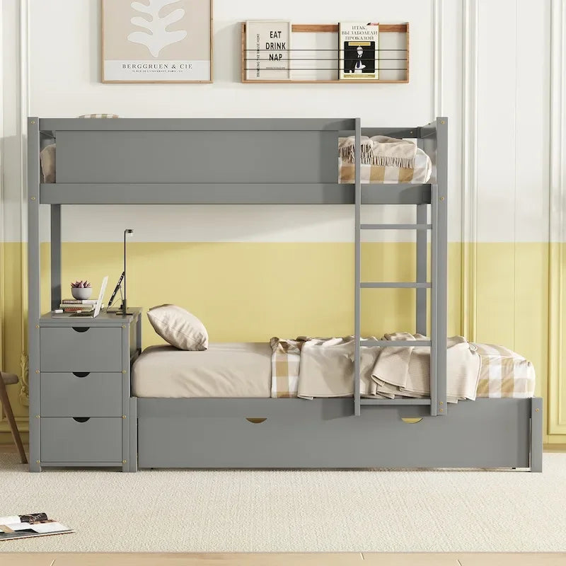 Twin-Over-Twin Bunk Bed with Twin size Trundle Bed Frames & Storage, Desk Storage Bed, Space-Saving for Kids Teens Adults