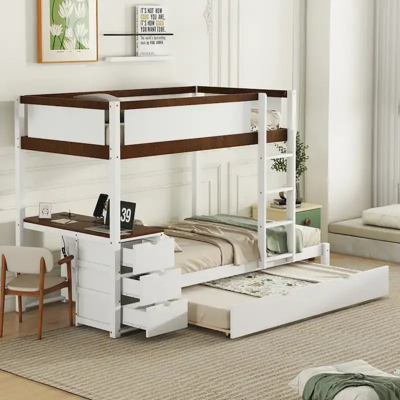 Twin-Over-Twin Bunk Bed with Twin size Trundle Bed Frames & Storage, Desk Storage Bed, Space-Saving for Kids Teens Adults