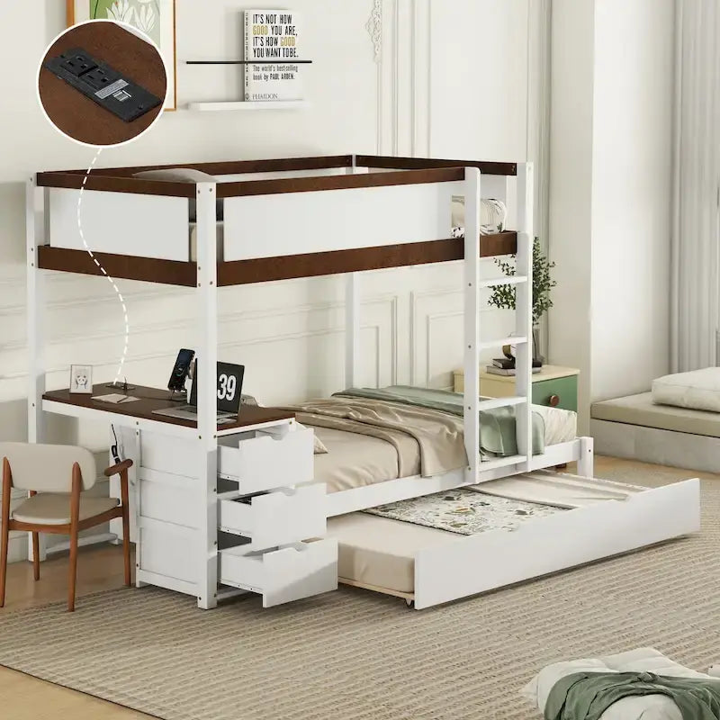 Twin-Over-Twin Bunk Bed with Twin size Trundle Bed Frames & Storage, Desk Storage Bed, Space-Saving for Kids Teens Adults
