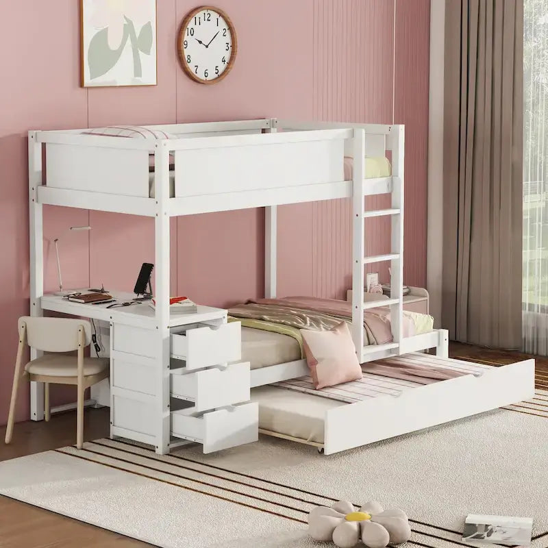 Twin-Over-Twin Bunk Bed with Twin size Trundle Bed Frames & Storage, Desk Storage Bed, Space-Saving for Kids Teens Adults