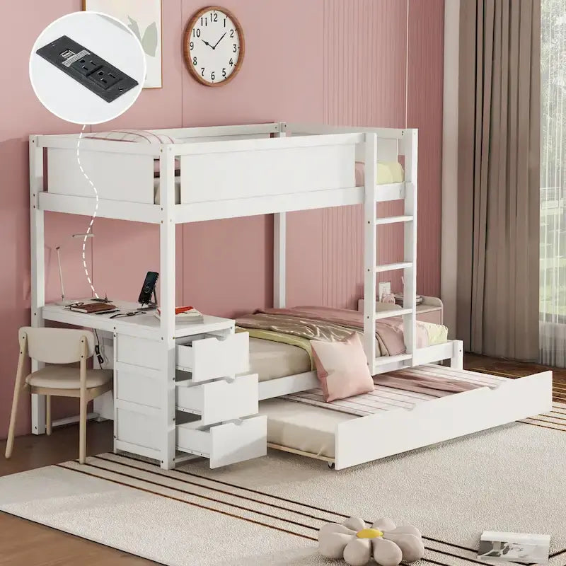 Twin-Over-Twin Bunk Bed with Twin size Trundle Bed Frames & Storage, Desk Storage Bed, Space-Saving for Kids Teens Adults