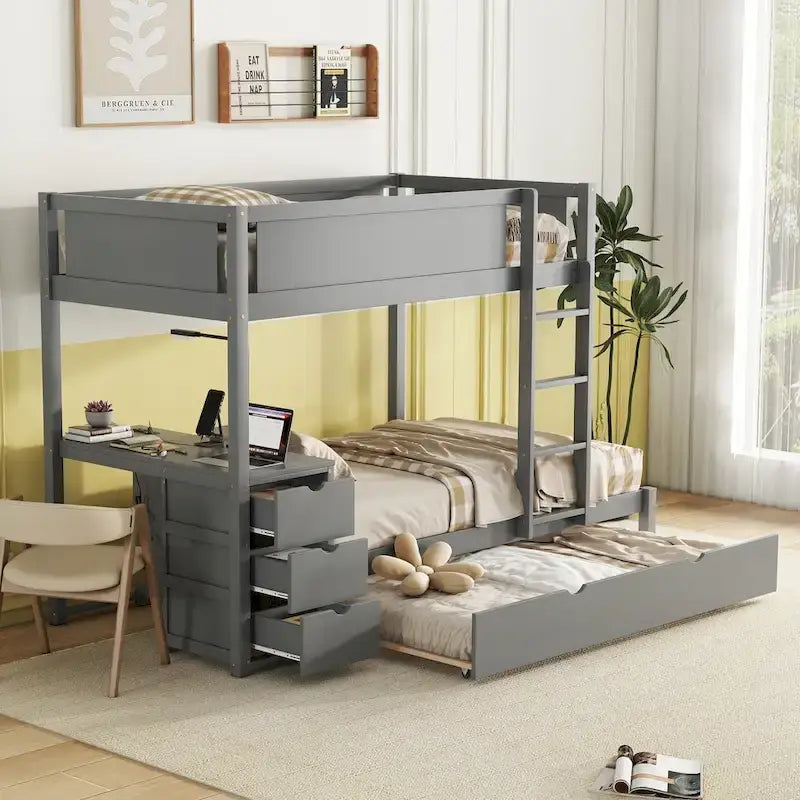 Twin-Over-Twin Bunk Bed with Twin size Trundle Bed Frames & Storage, Desk Storage Bed, Space-Saving for Kids Teens Adults