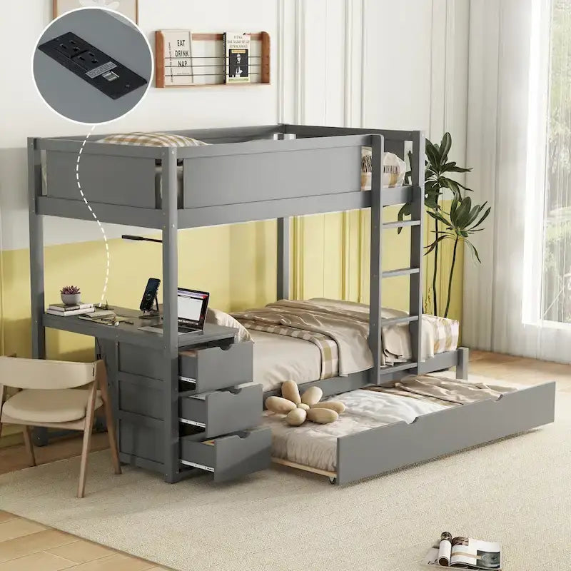 Twin-Over-Twin Bunk Bed with Twin size Trundle Bed Frames & Storage, Desk Storage Bed, Space-Saving for Kids Teens Adults