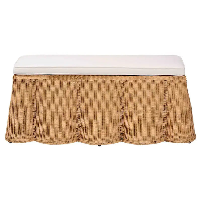 Palm Scallop Natural Rattan Ottoman with Cushion - Handwoven Wicker Bench for Living Room or Bedroom, Coastal Boho, Rectangle