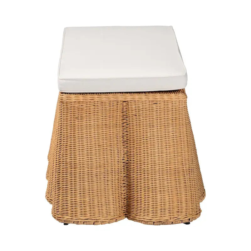 Palm Scallop Natural Rattan Ottoman with Cushion - Handwoven Wicker Bench for Living Room or Bedroom, Coastal Boho, Rectangle