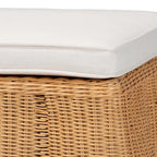 Palm Scallop Natural Rattan Ottoman with Cushion - Handwoven Wicker Bench for Living Room or Bedroom, Coastal Boho, Rectangle