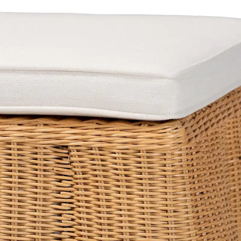 Palm Scallop Natural Rattan Ottoman with Cushion - Handwoven Wicker Bench for Living Room or Bedroom, Coastal Boho, Rectangle