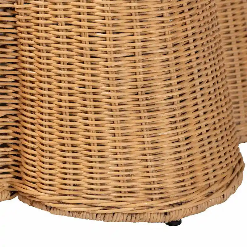 Palm Scallop Natural Rattan Ottoman with Cushion - Handwoven Wicker Bench for Living Room or Bedroom, Coastal Boho, Rectangle