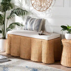 Palm Scallop Natural Rattan Ottoman with Cushion - Handwoven Wicker Bench for Living Room or Bedroom, Coastal Boho, Rectangle