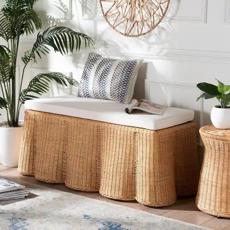 Palm Scallop Natural Rattan Ottoman with Cushion - Handwoven Wicker Bench for Living Room or Bedroom, Coastal Boho, Rectangle