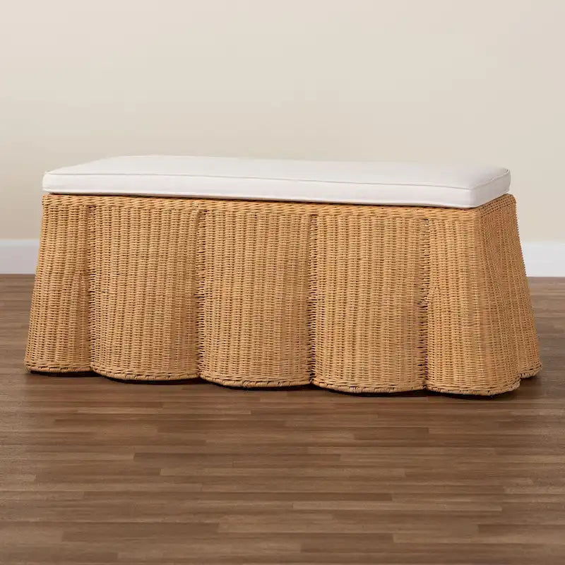 Palm Scallop Natural Rattan Ottoman with Cushion - Handwoven Wicker Bench for Living Room or Bedroom, Coastal Boho, Rectangle